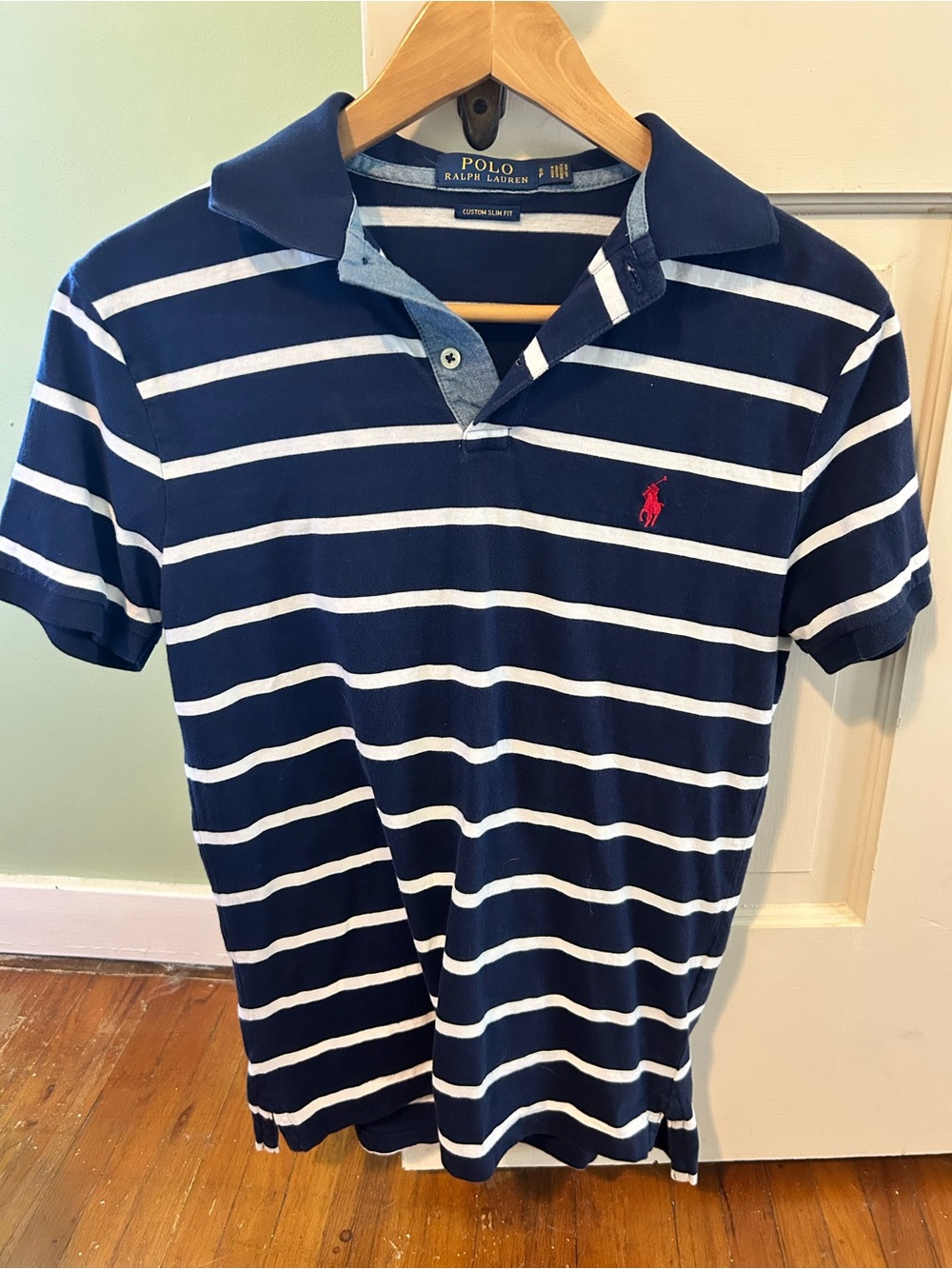 Ralph Lauren Navy & White Striped Polo with Red Pony Logo Men’s Small Slim Fit